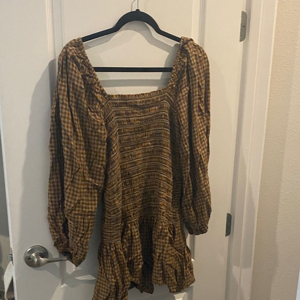 Brown Plaid Long Sleeve Dress